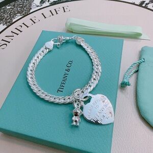 Tiffany & Co. Sterling Silver Heart Tag Charm Bracelet with Teddy Charm